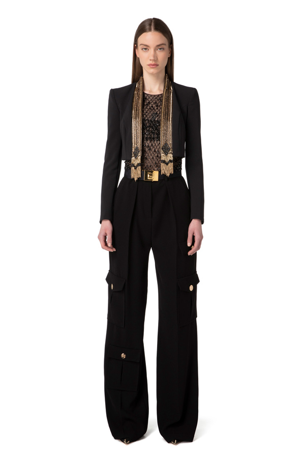 Double layer crêpe fabric short jacket with sequins embroidery - Elisabetta Franchi® Outlet