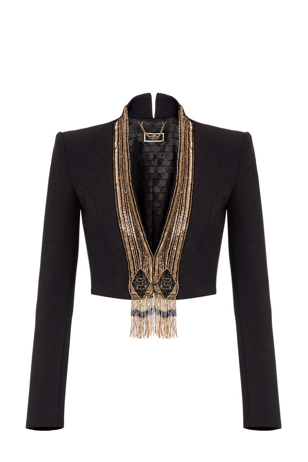 Double layer crêpe fabric short jacket with sequins embroidery - Elisabetta Franchi® Outlet