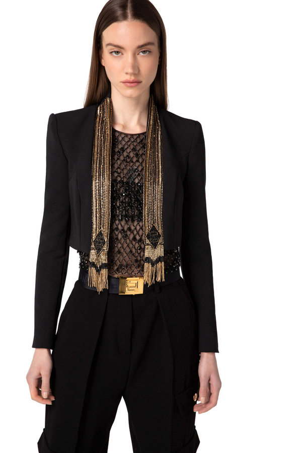 Double layer crêpe fabric short jacket with sequins embroidery - Elisabetta Franchi® Outlet