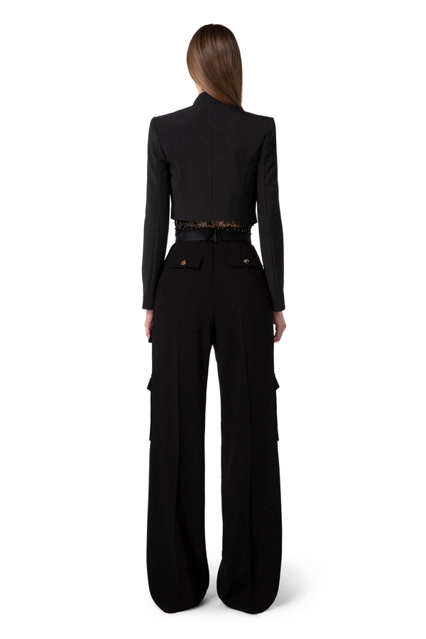 Double layer crêpe fabric short jacket with sequins embroidery - Elisabetta Franchi® Outlet