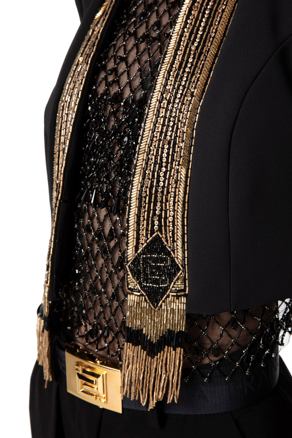 Double layer crêpe fabric short jacket with sequins embroidery - Elisabetta Franchi® Outlet