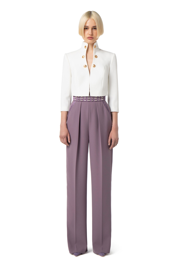 Crop jacket in crêpe fabric with stand-up collar - Elisabetta Franchi® Outlet