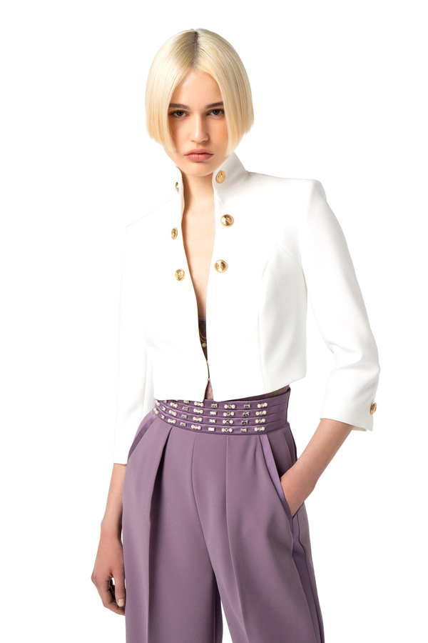 Crop jacket in crêpe fabric with stand-up collar - Elisabetta Franchi® Outlet