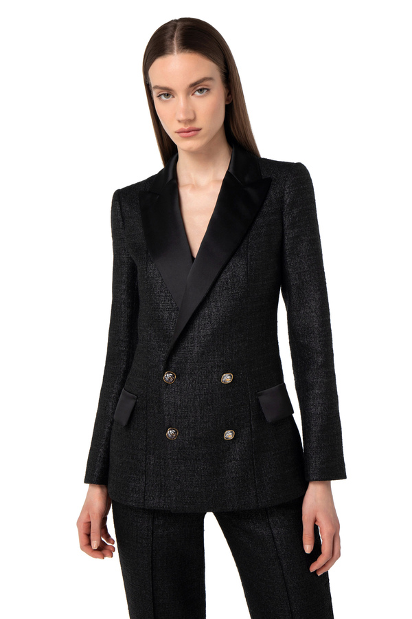 Chaqueta cruzada de tweed laminado - Elisabetta Franchi® Outlet