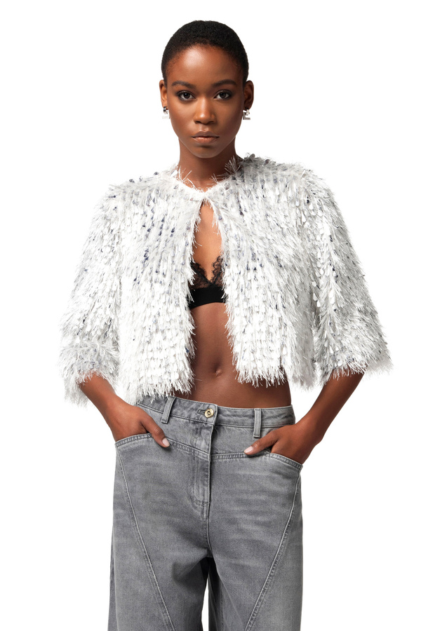 Cropped jacket in frayed organza - Elisabetta Franchi® Outlet