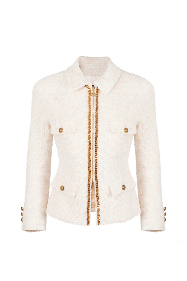 Chaqueta de tweed con cremallera y cadena - Elisabetta Franchi® Outlet