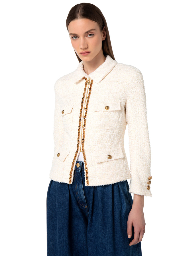 Tweed jacket with zip and chain - Elisabetta Franchi® Outlet