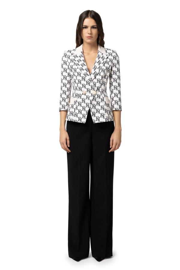 Double-breasted crêpe jacket with logo print and plaque - Elisabetta Franchi® Outlet