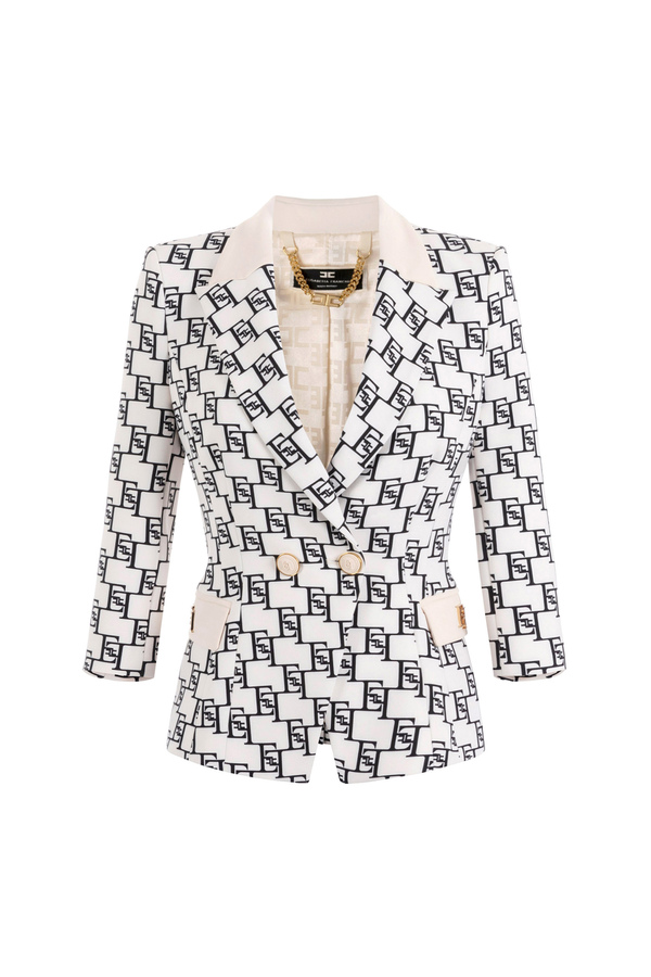 Double-breasted crêpe jacket with logo print and plaque - Elisabetta Franchi® Outlet