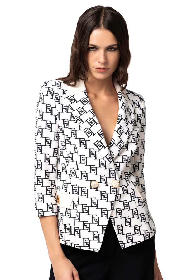 Double-breasted crêpe jacket with logo print and plaque - Elisabetta Franchi® Outlet