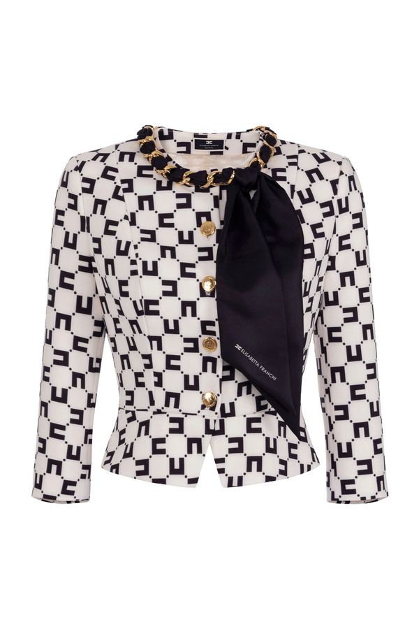 Giacca in crêpe stampa logo con catena foulard - Elisabetta Franchi® Outlet