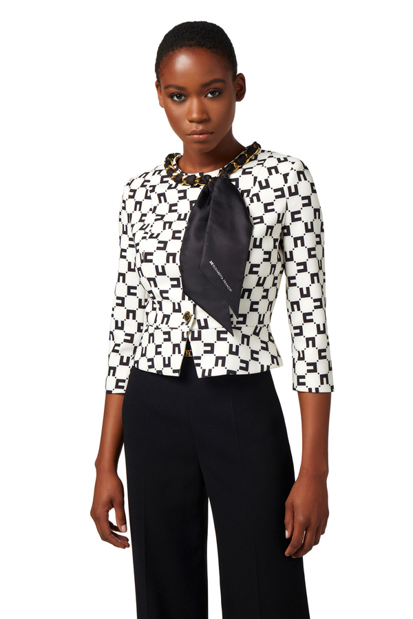 Giacca in crêpe stampa logo con catena foulard - Elisabetta Franchi® Outlet