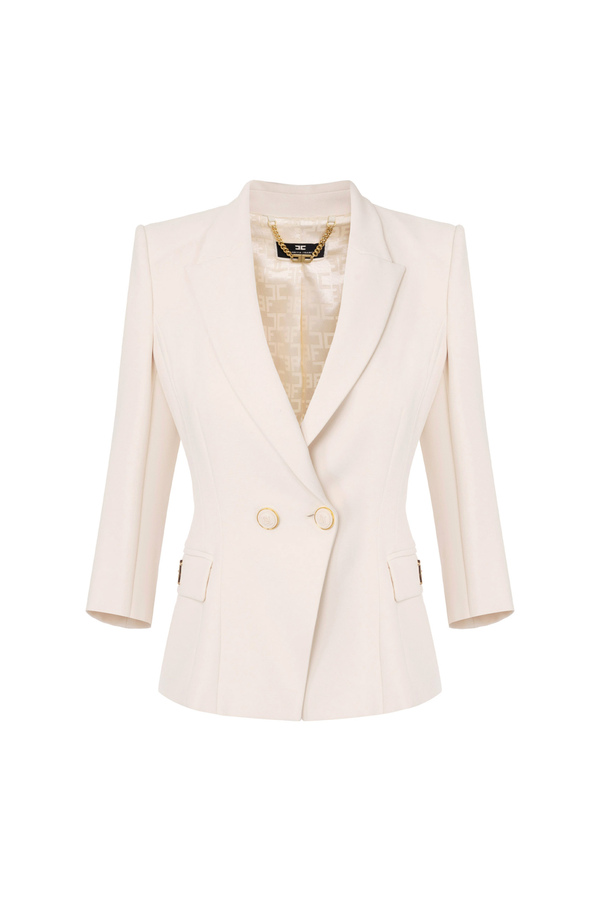 Giacca doppiopetto in crêpe placca logo - Elisabetta Franchi® Outlet