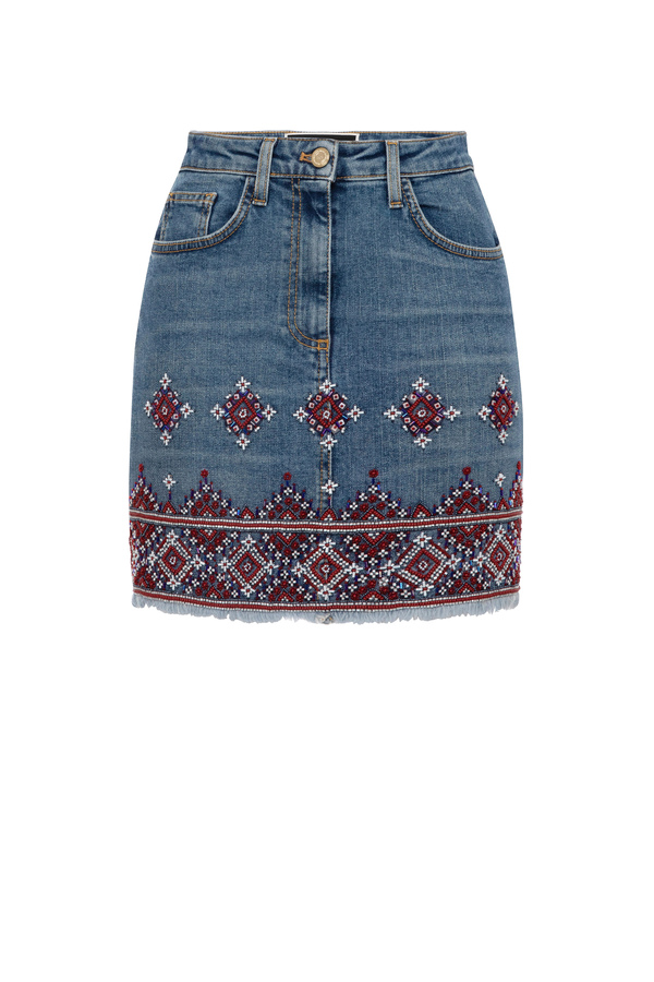 Minifalda de denim con bordado étnico - Elisabetta Franchi® Outlet