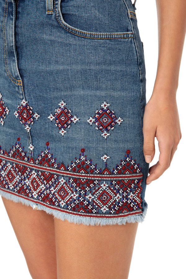 Denim miniskirt with ethnic embroidery - Elisabetta Franchi® Outlet