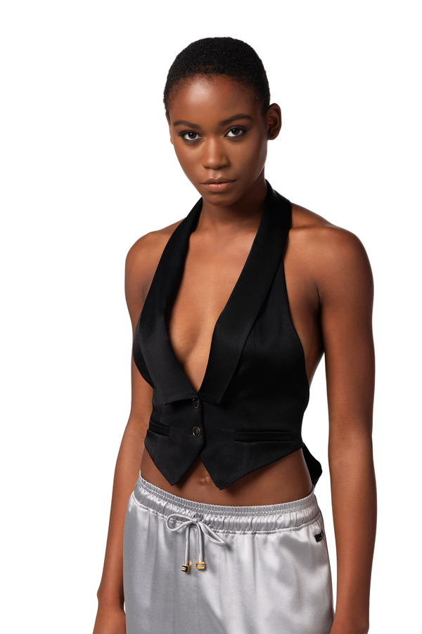 Satin tuxedo waistcoat with sash belt - Elisabetta Franchi® Outlet