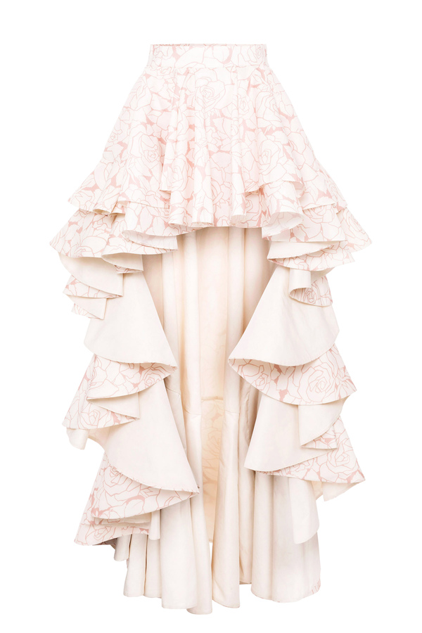 Long skirt with ruffles and rose print - Elisabetta Franchi® Outlet