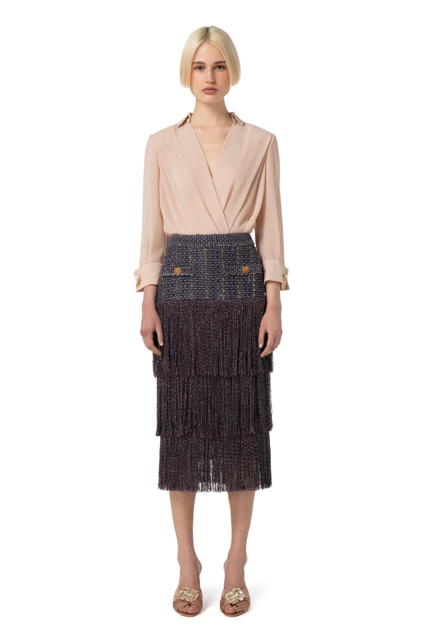 Midi-Rock aus Tweed mit Fransen - Elisabetta Franchi® Outlet