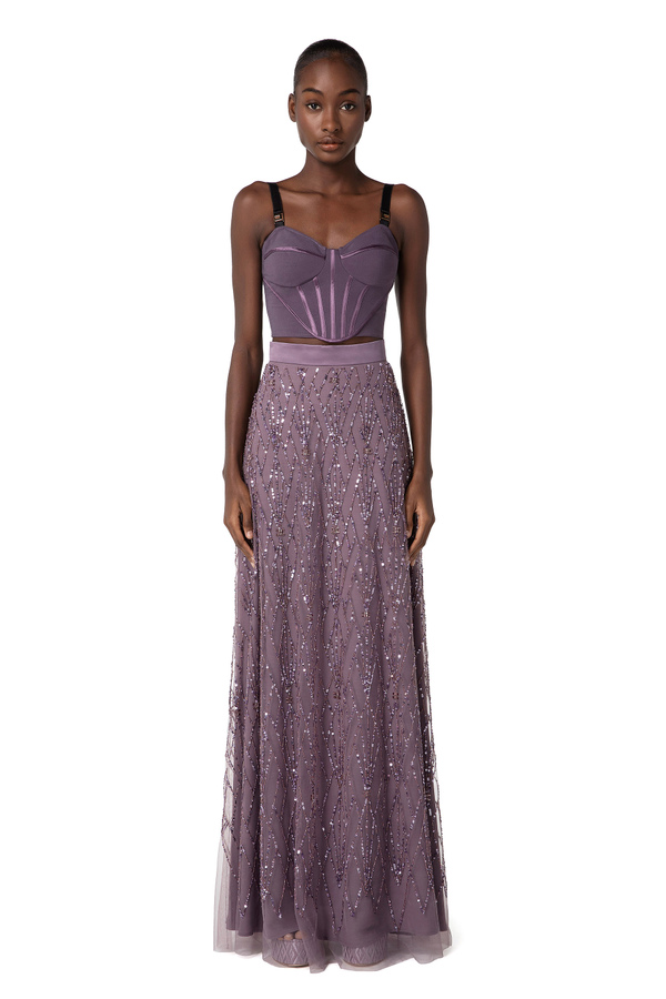 Long skirt in tulle fabric with sequins - Elisabetta Franchi® Outlet