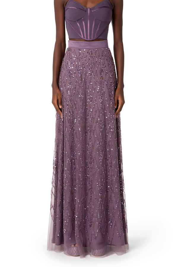 Long skirt in tulle fabric with sequins - Elisabetta Franchi® Outlet