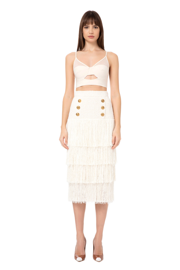 Fringed tweed calf-length skirt - Elisabetta Franchi® Outlet
