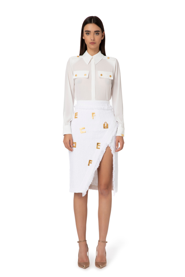 Tweed calf-length skirt with logo plaques - Elisabetta Franchi® Outlet