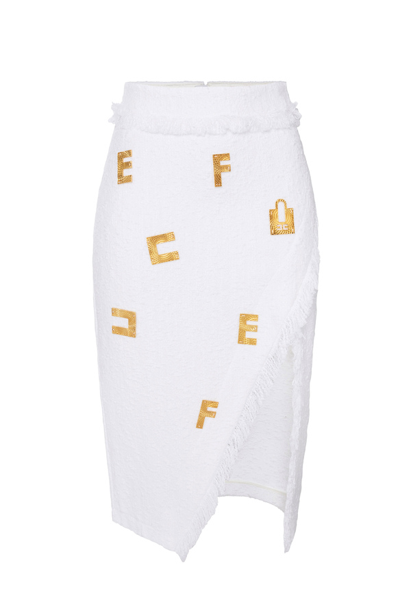 Tweed calf-length skirt with logo plaques - Elisabetta Franchi® Outlet