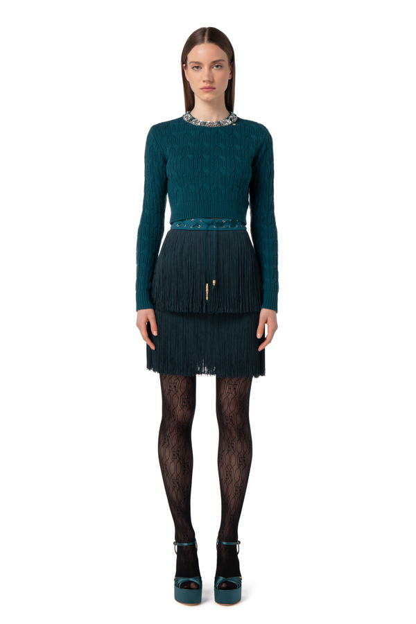 Double crêpe miniskirt with fringes - Elisabetta Franchi® Outlet