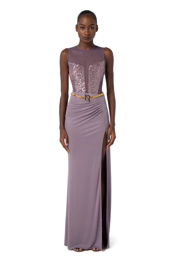 Long skirt made of jersey with logo chain - Elisabetta Franchi® Outlet