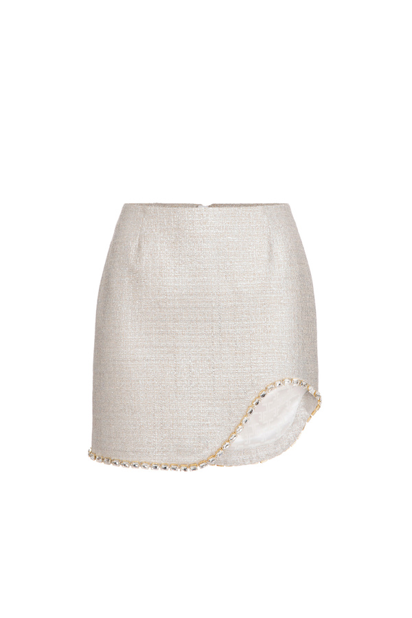 Miniskirt in laminated tweed with rhinestones - Elisabetta Franchi® Outlet