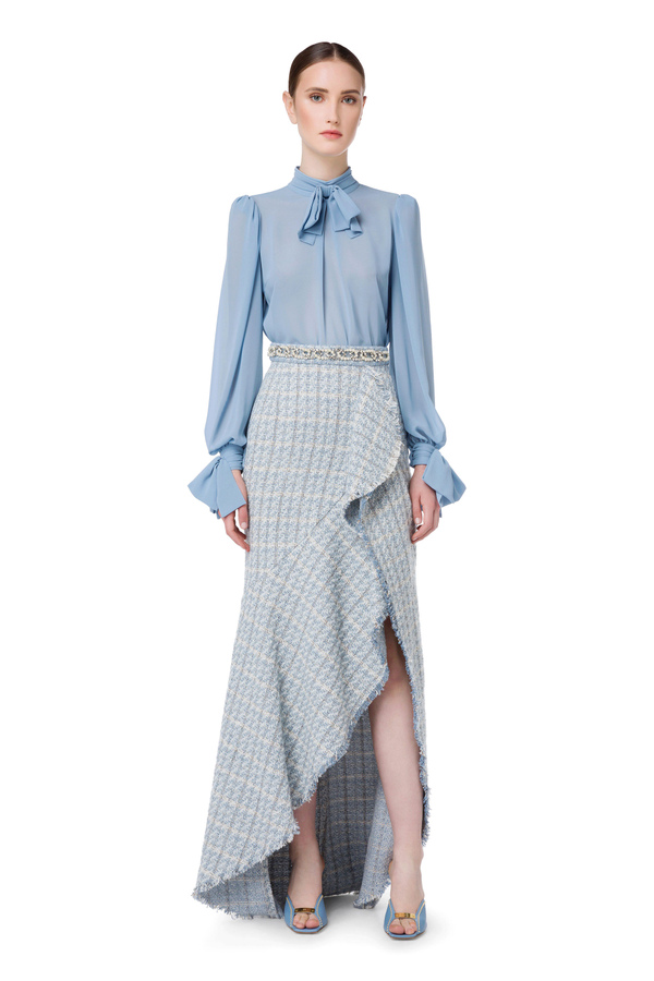 Long dress with ruffles in tweed fabric - Elisabetta Franchi® Outlet