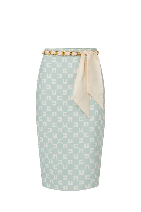 Midi-Rock aus Stretch-Crêpe mit Logo-Print und Gürtel mit Tuch - Elisabetta Franchi® Outlet