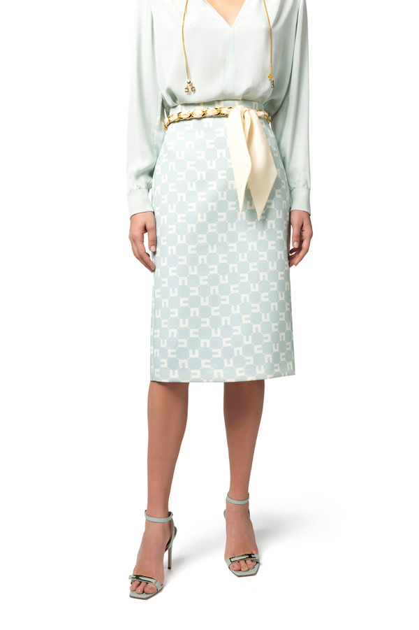 Midi-Rock aus Stretch-Crêpe mit Logo-Print und Gürtel mit Tuch - Elisabetta Franchi® Outlet