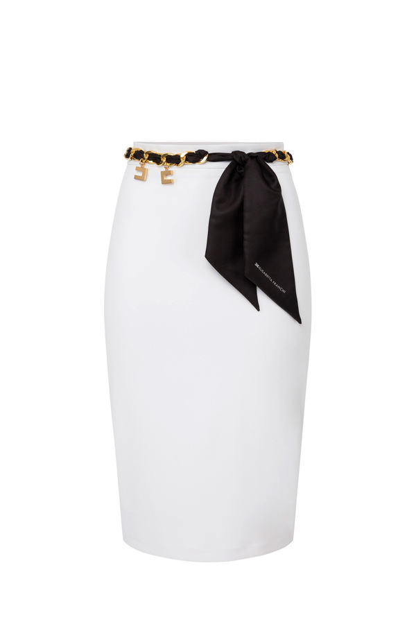 Stretch crêpe midi skirt with foulard scarf belt - Elisabetta Franchi® Outlet