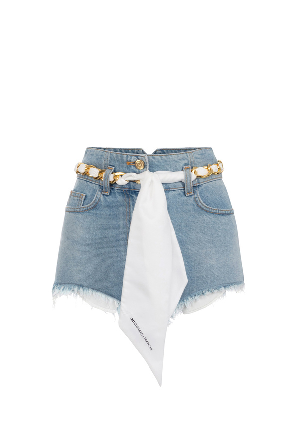Shorts in denim con cintura foulard - Elisabetta Franchi® Outlet