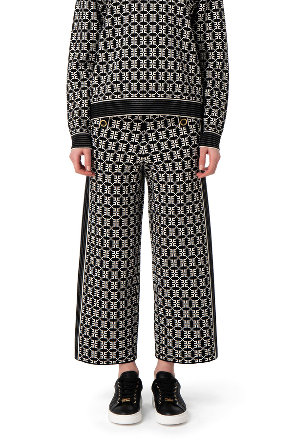 Palazzo trousers in jacquard knit fabric with logo - Elisabetta Franchi® Outlet