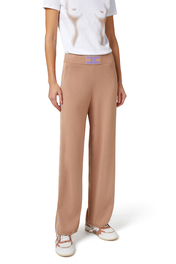 Pantalone palazzo in viscosa con bande logate - Elisabetta Franchi® Outlet