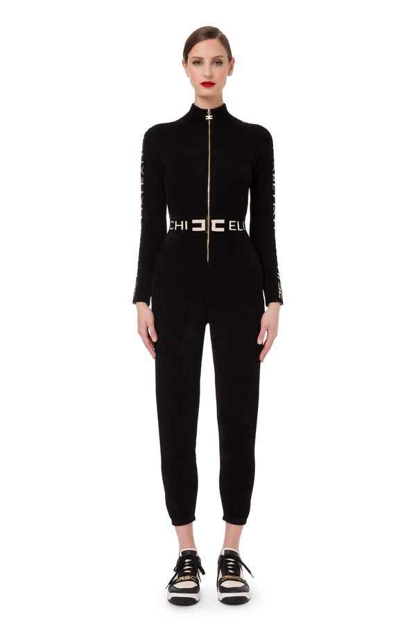 Jumpsuit in chenille with logoed bands - Elisabetta Franchi® Outlet