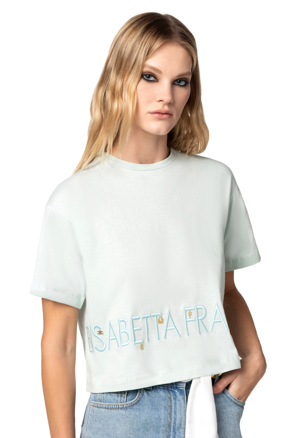 T-shirt in jersey con logo e charms - Elisabetta Franchi® Outlet