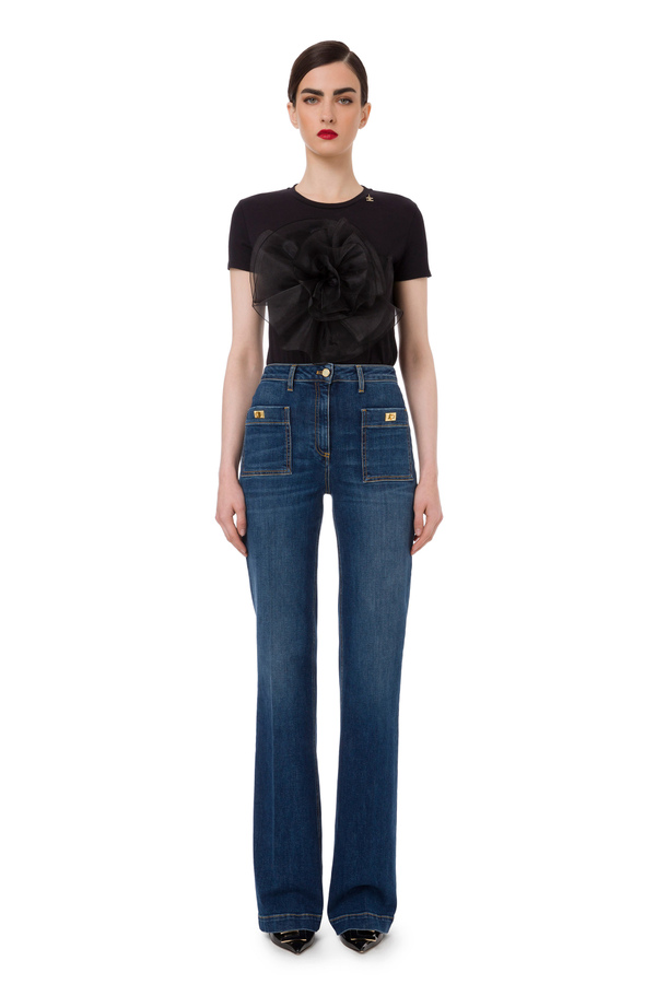 T-shirt with organza rose on the front - Elisabetta Franchi® Outlet