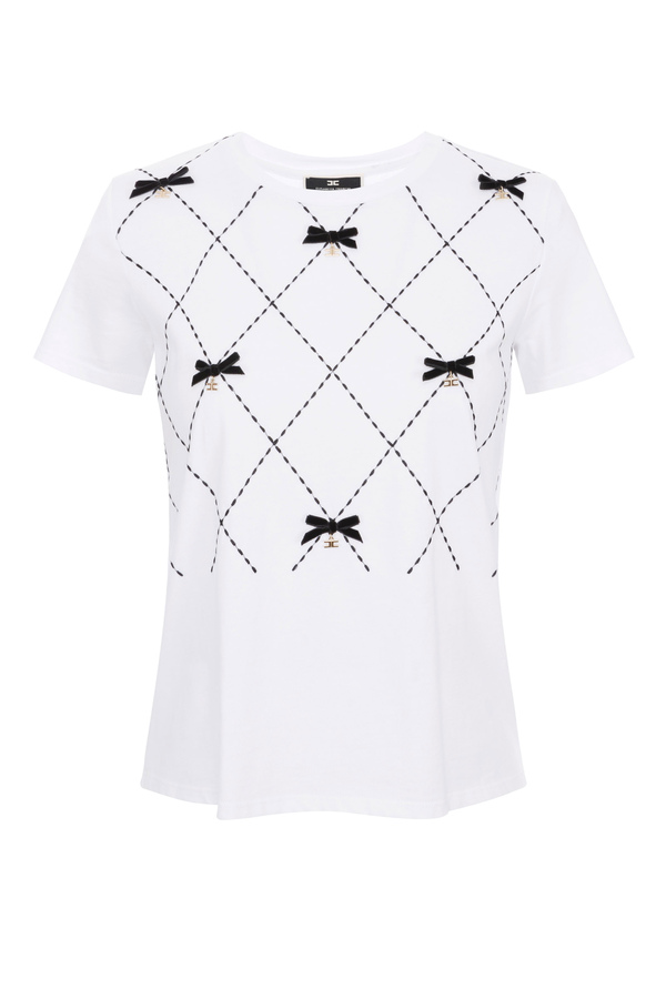 T-shirt with bow pattern and charms - Elisabetta Franchi® Outlet