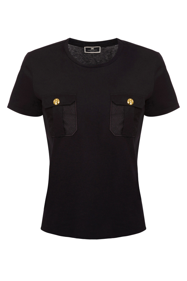 Crew neck T-shirt with pockets in embroidered organza fabric - Elisabetta Franchi® Outlet