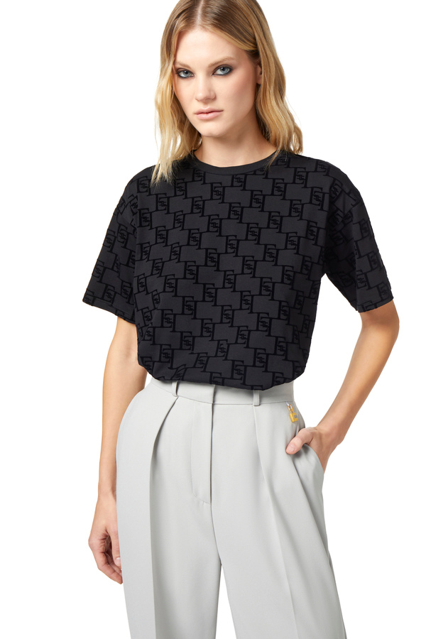 T-shirt in jersey stampa logo flock - Elisabetta Franchi® Outlet