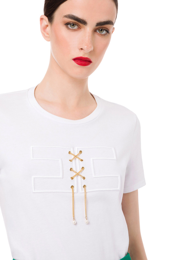 T-Shirt mit sich überkreuzender Kettenstickerei - Elisabetta Franchi® Outlet