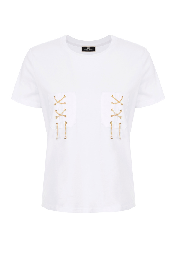 T-Shirt mit kurzen Ärmeln mit Ketten und Charm-Anhängern - Elisabetta Franchi® Outlet