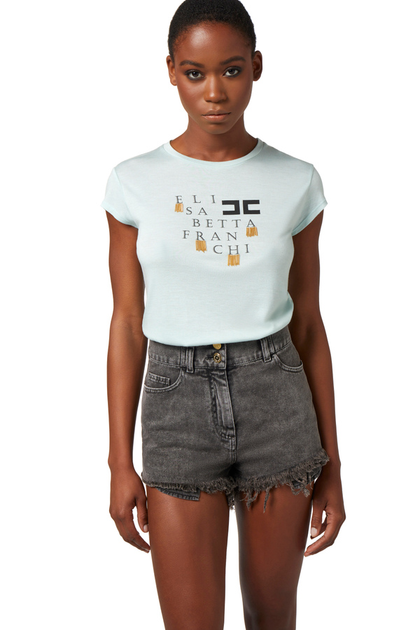 T-shirt in jersey con logo e frange - Elisabetta Franchi® Outlet