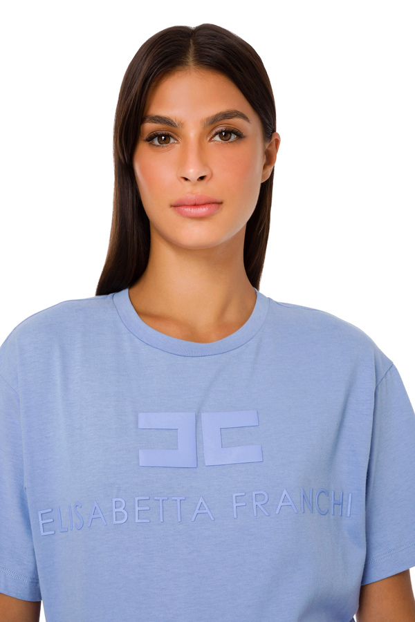 Camiseta de cuello redondo con estampado de logotipo del mismo color - Elisabetta Franchi® Outlet
