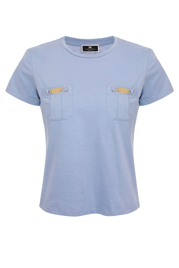 Crew neck T-shirt with light gold detail - Elisabetta Franchi® Outlet