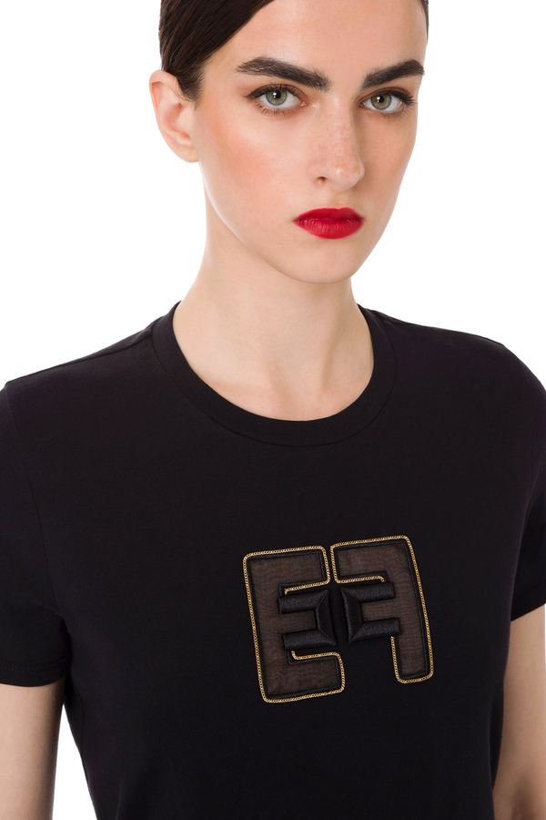 T-shirt a manica corta con ricamo centrale logo - Elisabetta Franchi® Outlet