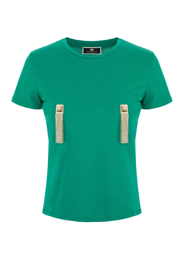 T-shirt con catene pendenti e borchie dorate - Elisabetta Franchi® Outlet